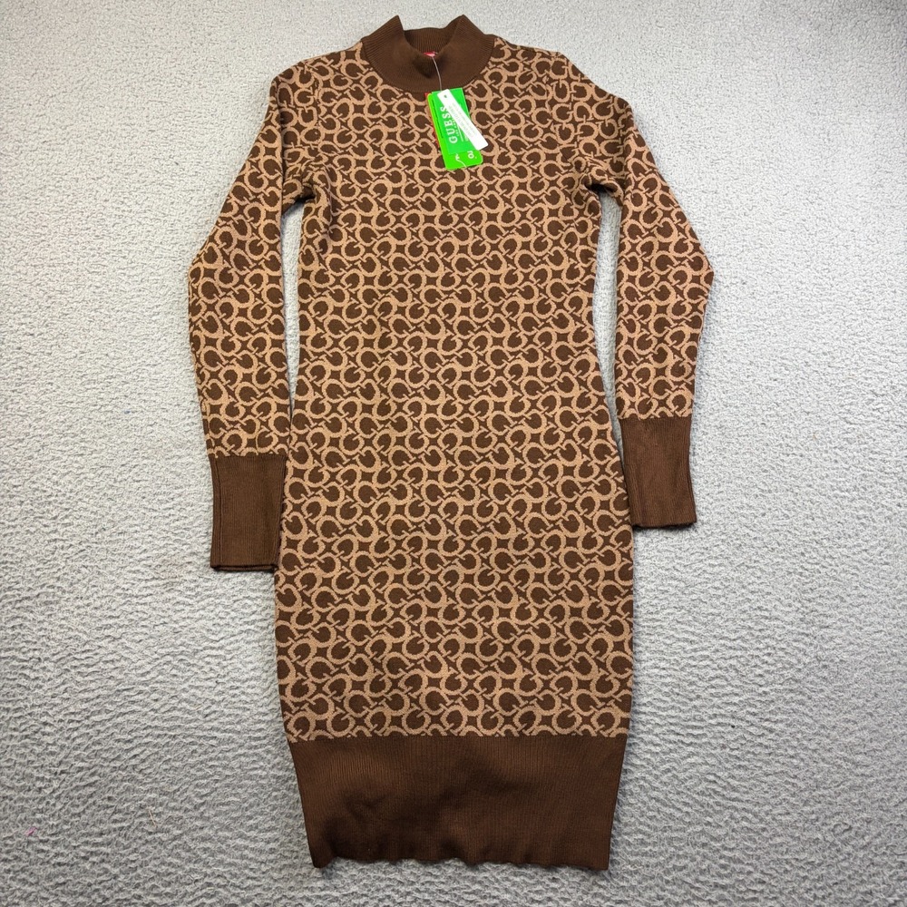 NEW Guess Sweater Dress Womens Lise 4G Logo Knit Mock Neck Brown Bodycon Medium